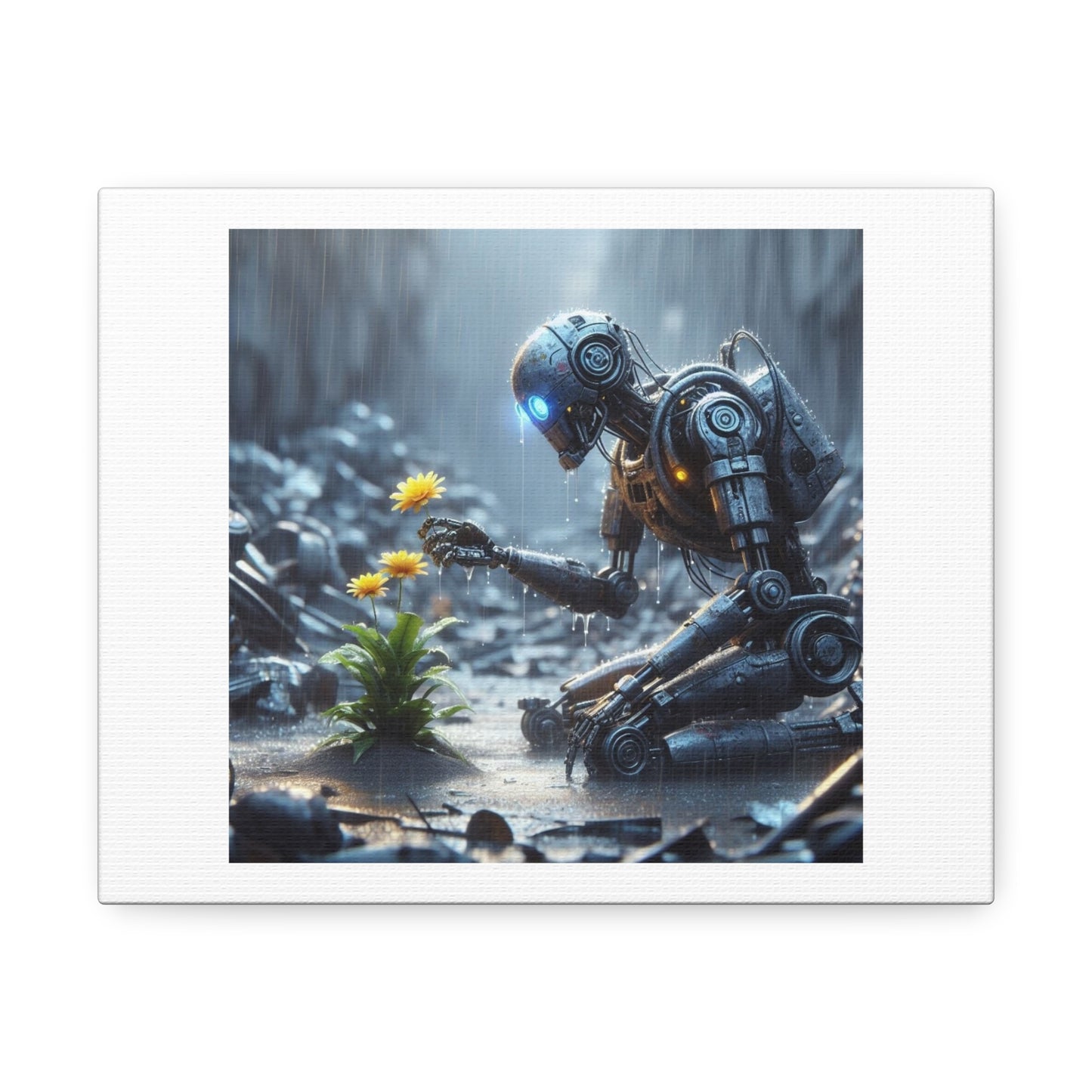 Cinematic Rendering of Robot Kneeling to Observe Yellow Flowers 'Designed by AI' Art Print on Canvas