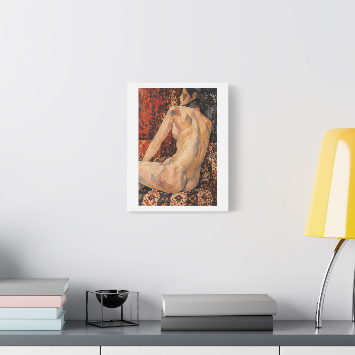 Abstract Mosaic Nude on Ornate Tapestry, Art Print on Satin Canvas, Stretched