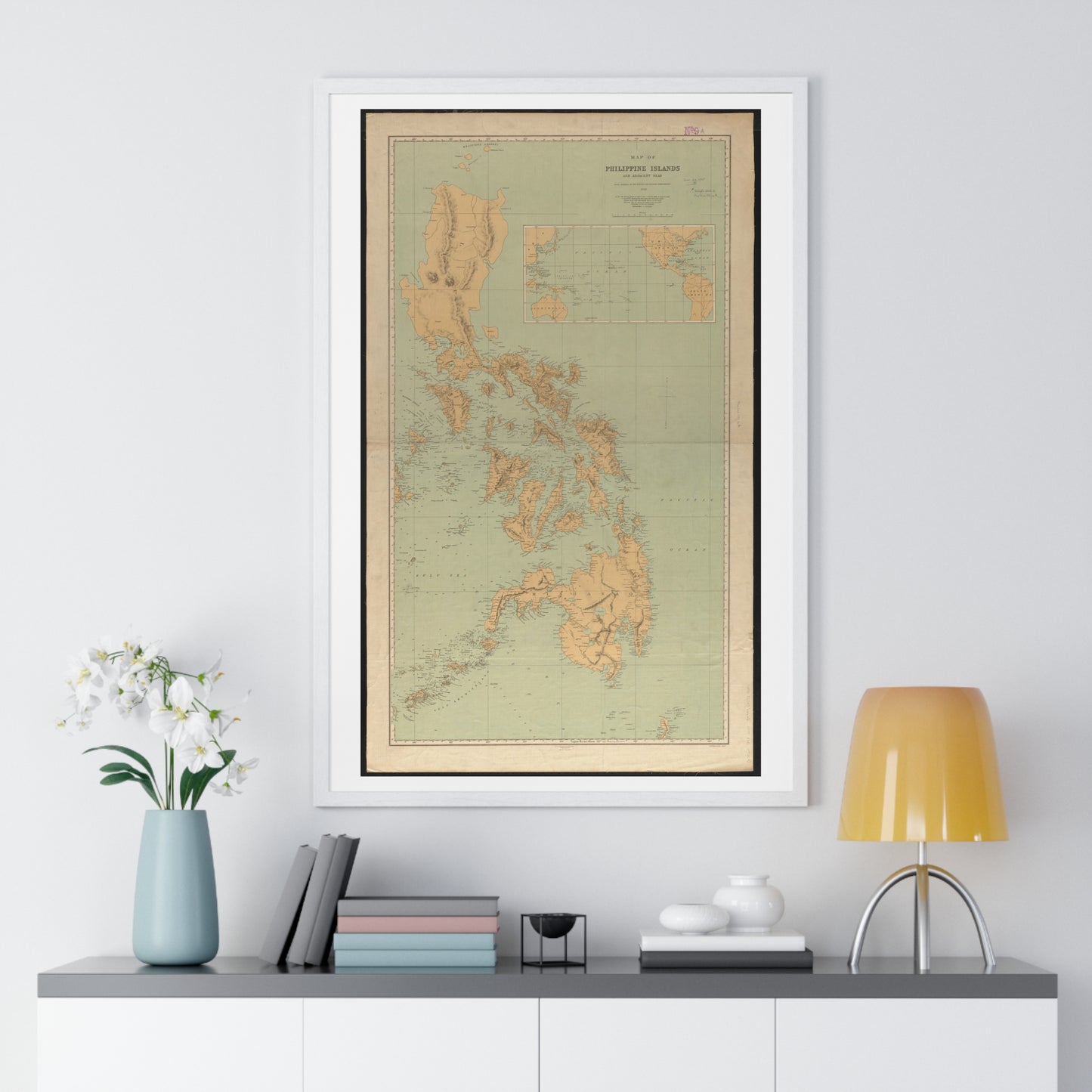 Vintage Map of Philippine Islands and Adjacent Seas from Material of the English and Batavian Governments (1898) from the Original, Framed Print