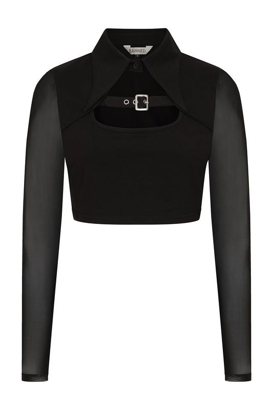 Banned Black Freyja Crop Top with Key Hole and Mesh Sleeves