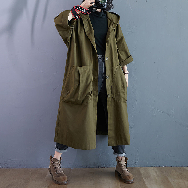 Vireous Loose Plus-Size Overknee Long Large Pocket Trench Coat