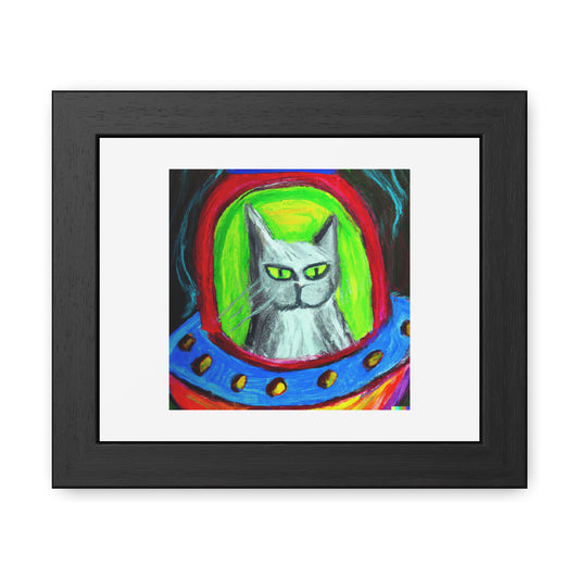 Annoyed Cat In A Spaceship Oil Pastel 'Designed by AI' Wooden Framed Print
