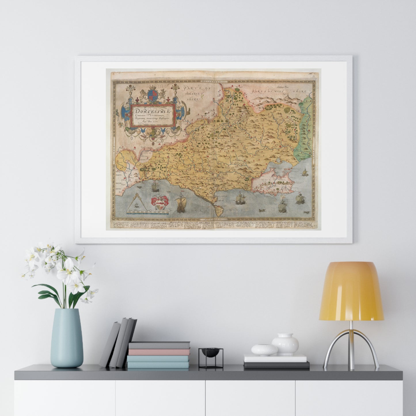 Tudor Antique Map of Dorset from Lord Burghley's Atlas (1579) from the Original, Framed Print