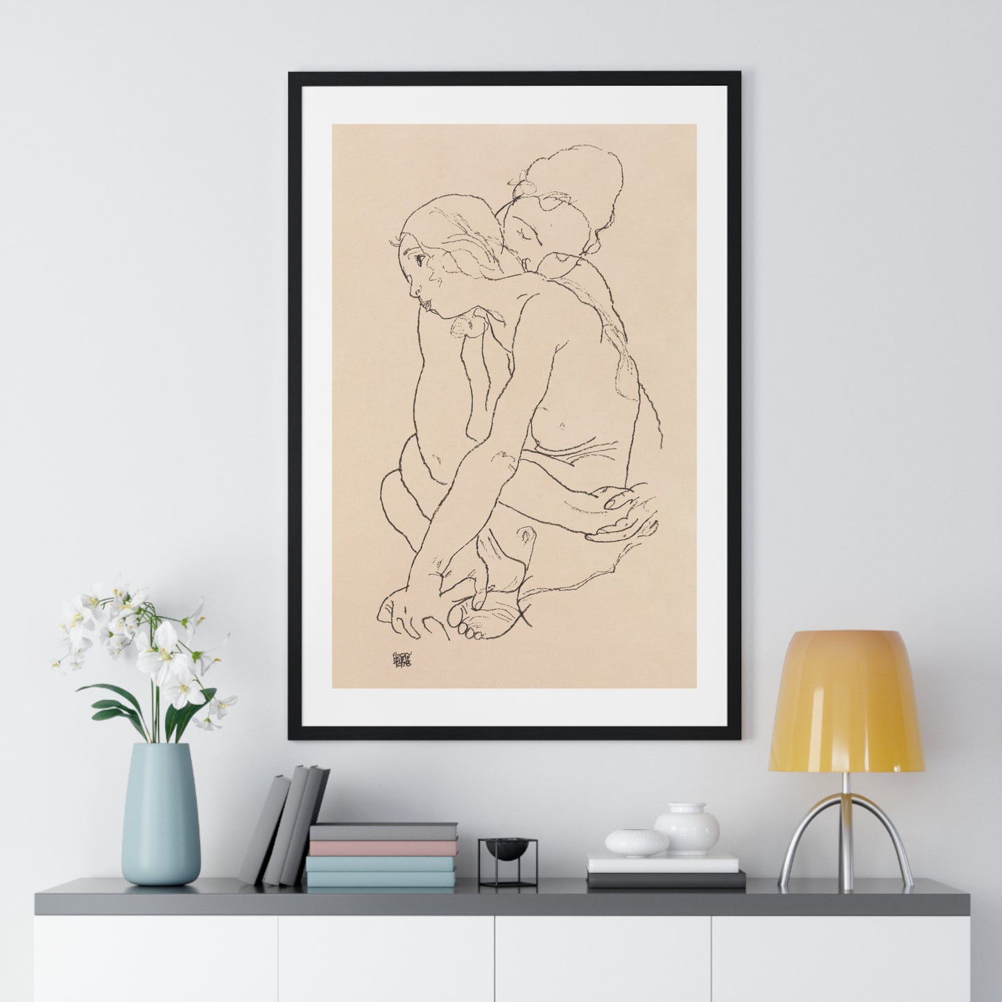 Woman and Girl Embracing (1918) by Egon Schiele, from the Original, Framed Art Print