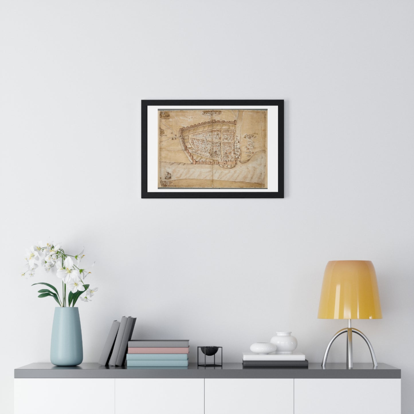 Antique Map of the City of Hull (circa 1539) from the Original Manuscript, Framed Print