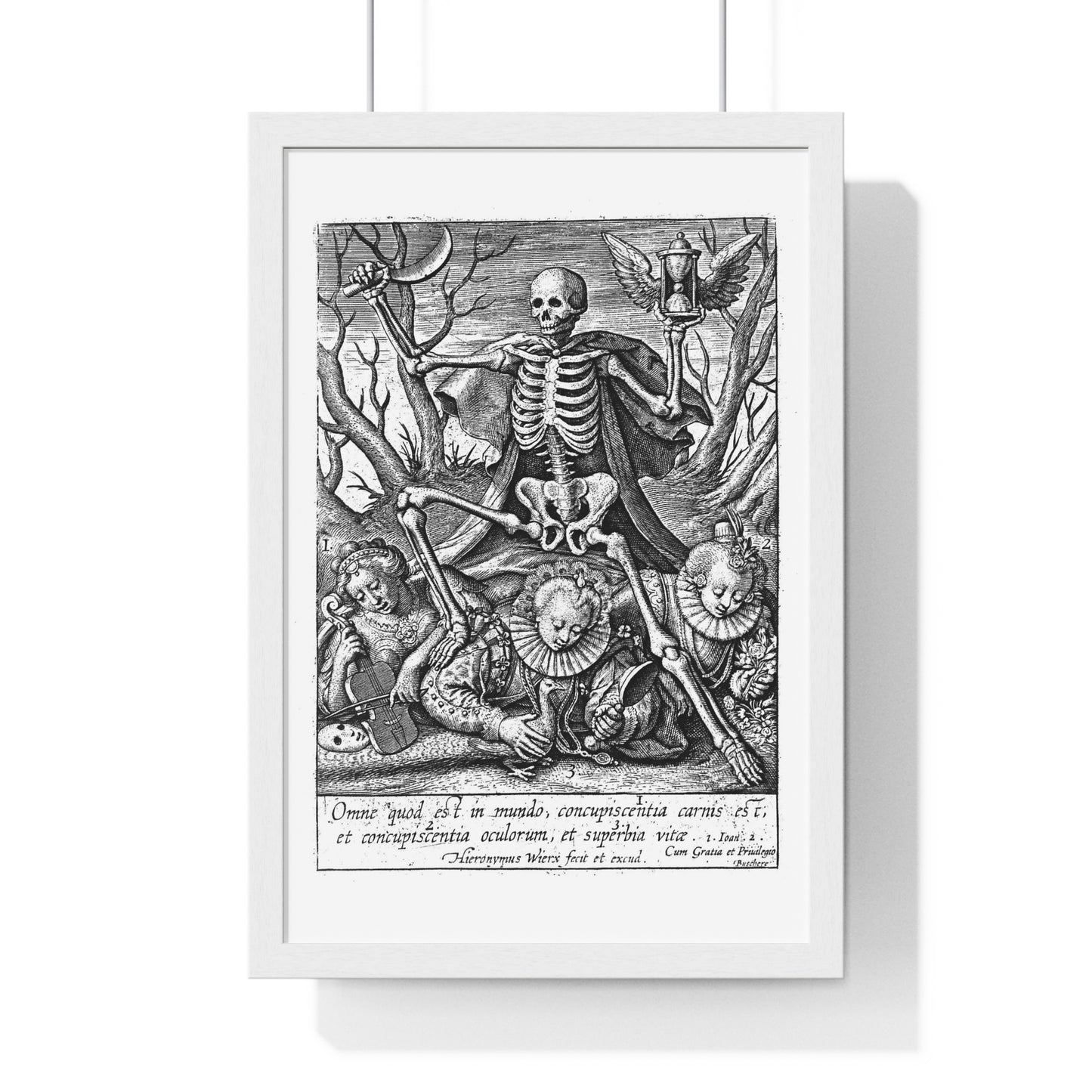 Death Tramples on Three Female Allegorical Figures Representing Sensual Pleasures, Etching by Hieronymus Wierix, Vintage Framed Print