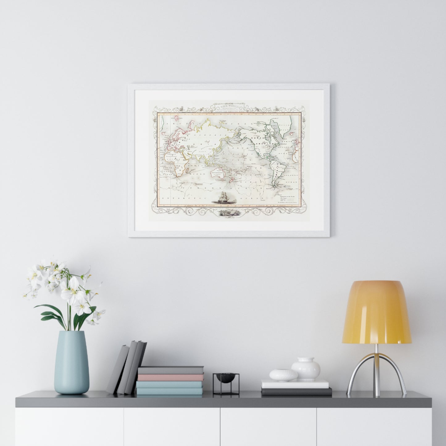 Vintage Map, the Voyages of Captain James Cook (1852) by James Cook, from the Original, Framed Print