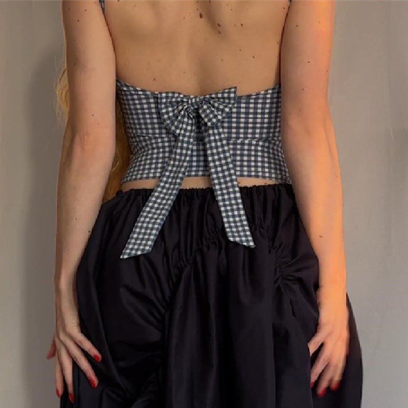 Houndstooth Bow Strap Elegant Slim Vest Top