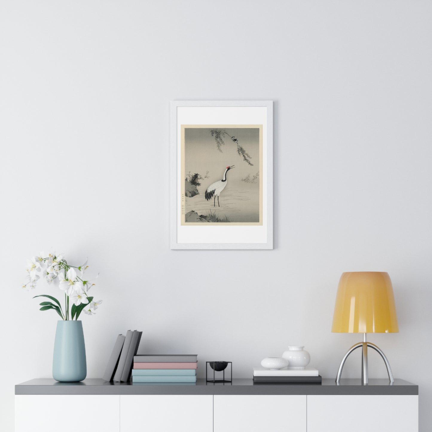 Traditional Portrait of a Beautiful Japanese Crane by Kano Motonobu (1476-1559) from the Original, Framed Print