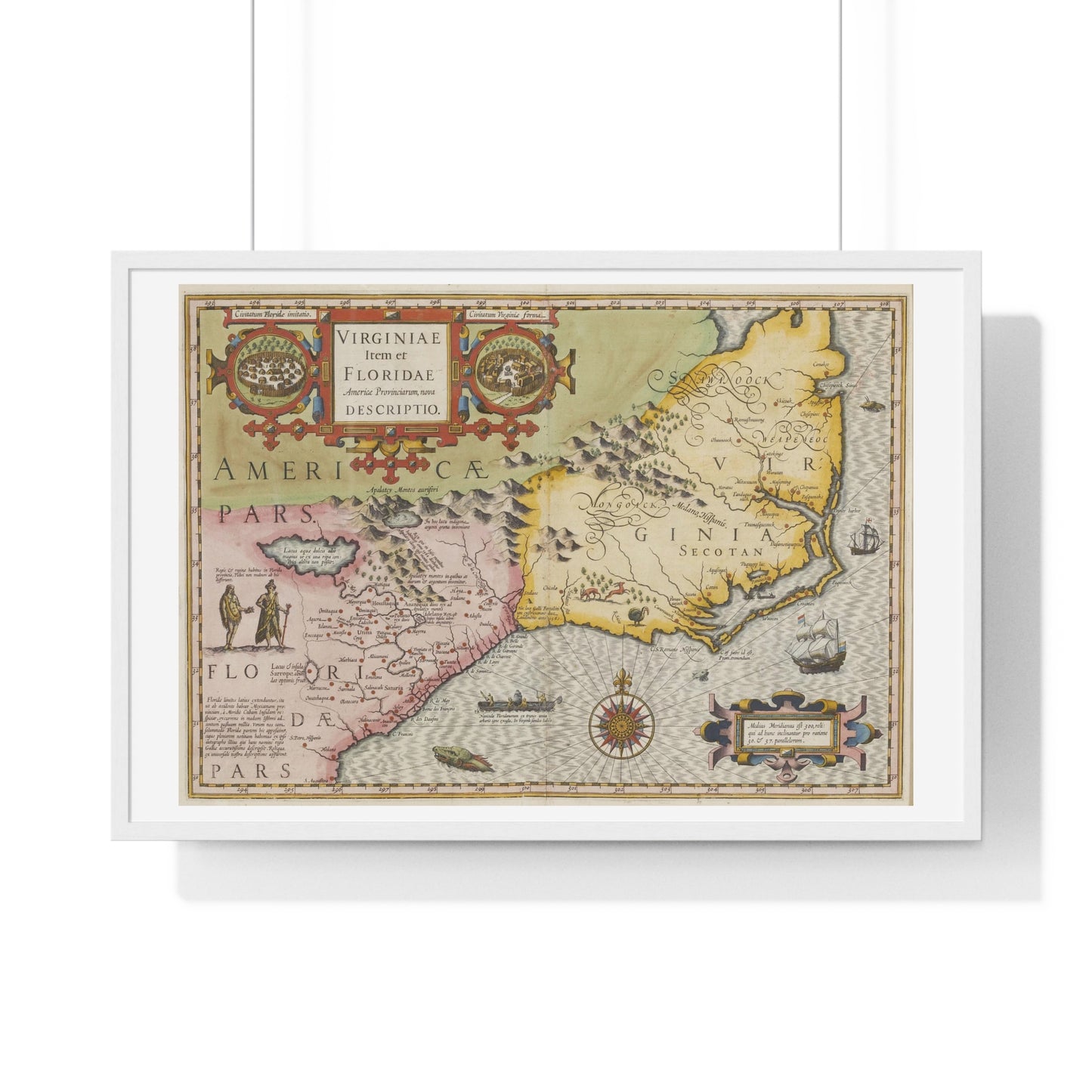 Historic Map of the American South: Virginia Item et Floridae (1606) by Gerardus Mercator and Jocodus Hondius, Framed Print