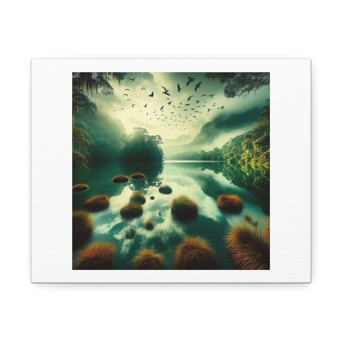 Surreal Lake with Patches of Grass Floating and Birds Above, Art Print 'Designed by AI' on Canvas