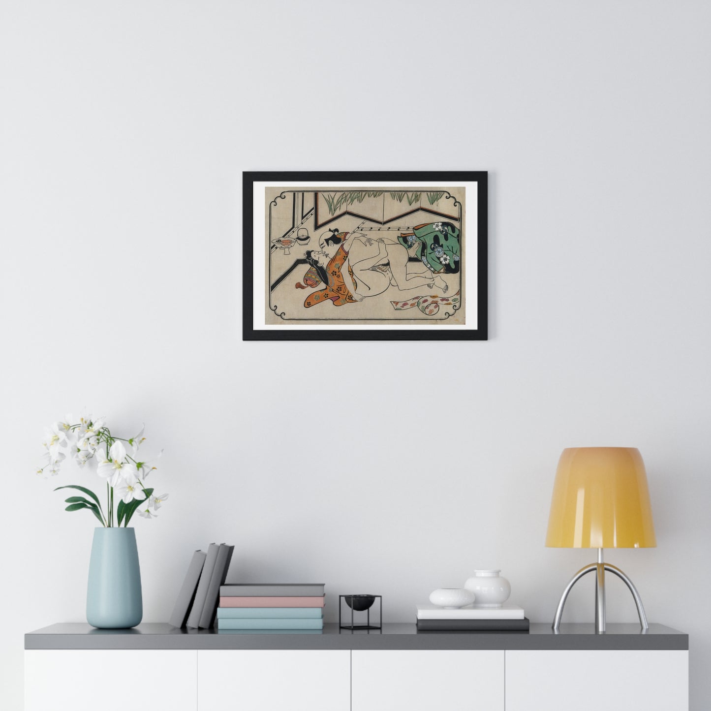 Middle-Aged Couple Making Love, Coloured Reproduction of a Woodcut by Moronobu (1680s) Framed Art Print