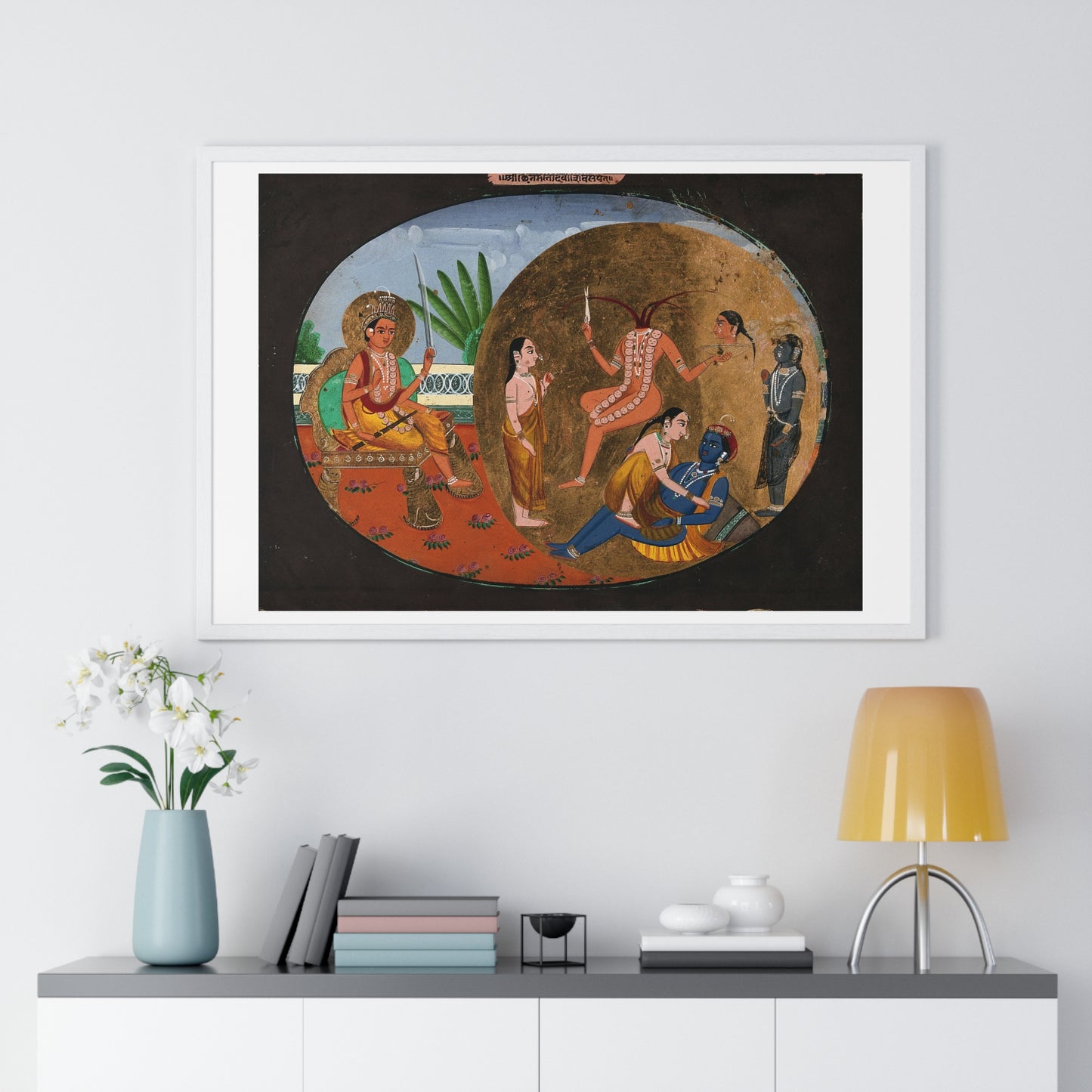 Hindu Deities Shiva, Chhinnamasta, Kamadeva and Rati, 19th Century Gouache Painting by an Indian Artist, Framed Print