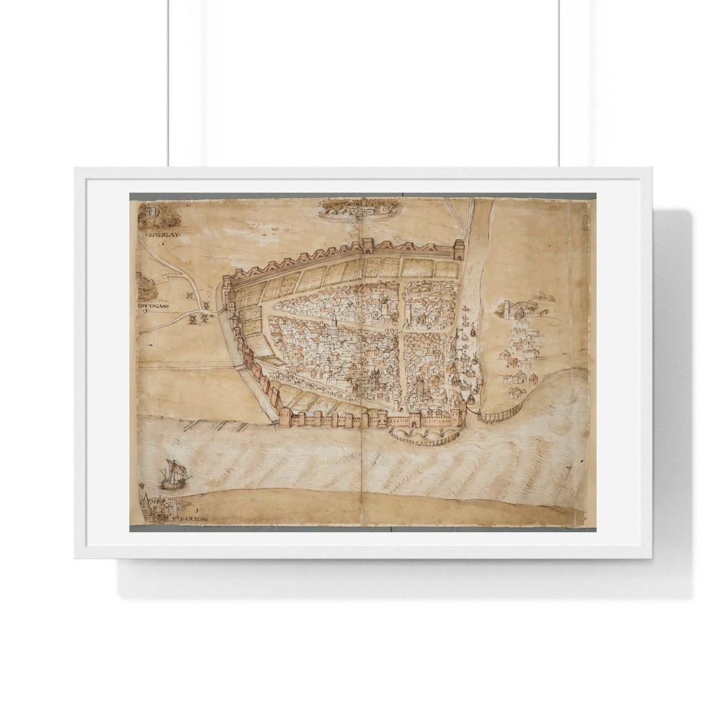 Antique Map of the City of Hull (circa 1539) from the Original Manuscript, Framed Print