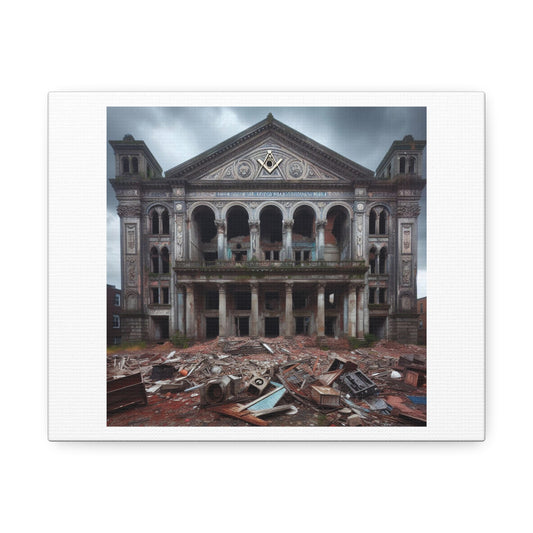 Huge Masonic Hall is Dilapidated and Falling Down II, Art Print 'Designed by AI' on Satin Canvas