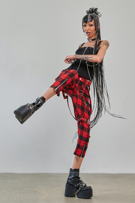 Banned Alternative Nocturne Buckle Trousers in Red Tartan