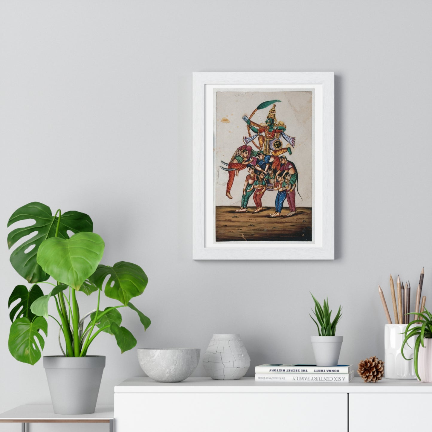 19th Century Indian Art, Hindu God of Love, Shooting Arrows with his Bow while Sitting on a Elephant Composed of Women, Framed Print