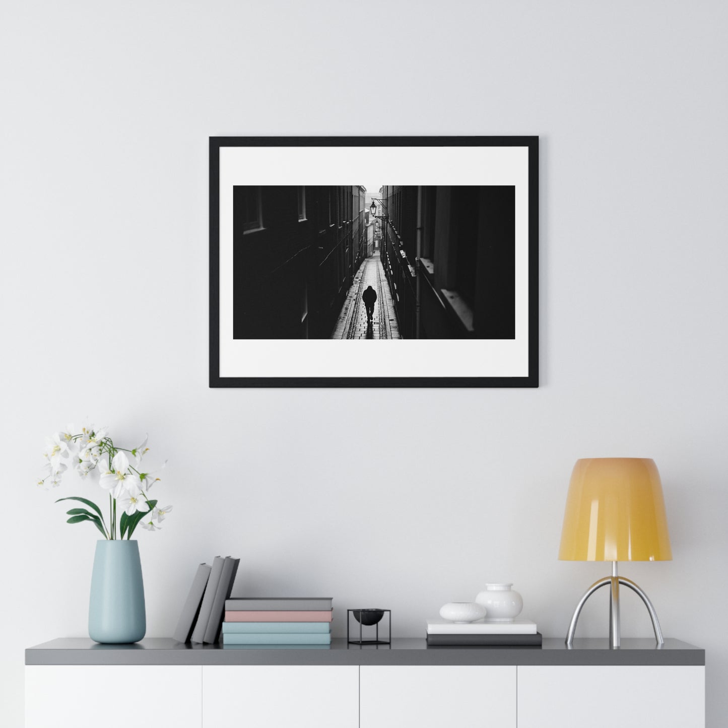 Black and White Photography, High-Contrast Cityscape II 'Designed by AI' Framed Print