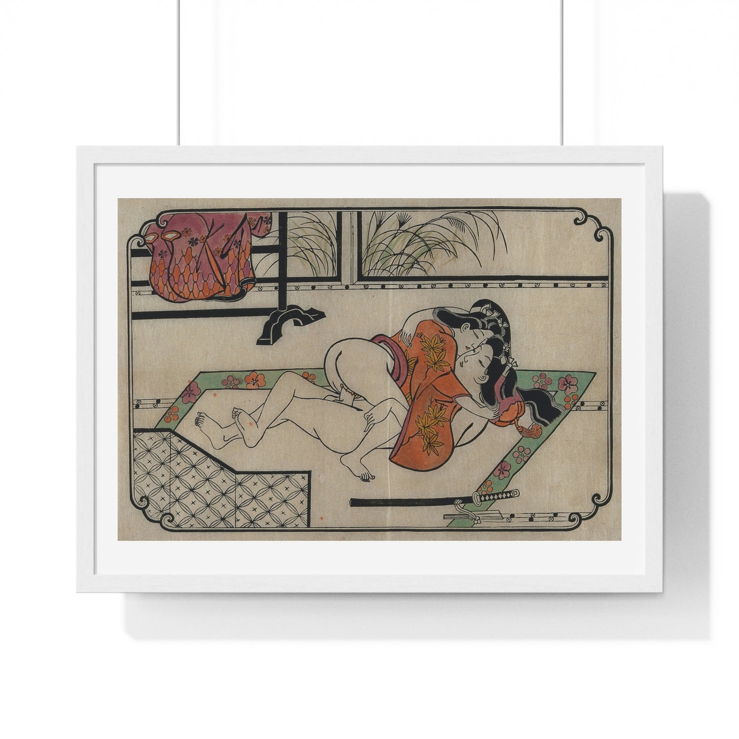Young Couple Making Love, Coloured Reproduction of a Woodcut by Moronobu (1680s) Framed Art Print