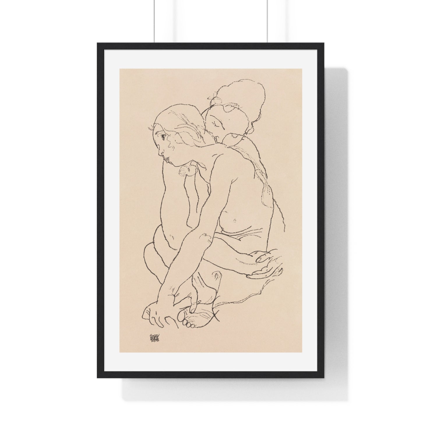 Woman and Girl Embracing (1918) by Egon Schiele, from the Original, Framed Art Print