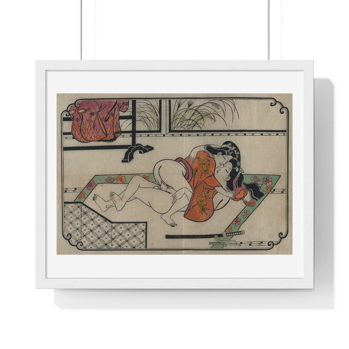 Young Couple Making Love, Coloured Reproduction of a Woodcut by Moronobu (1680s) Framed Art Print