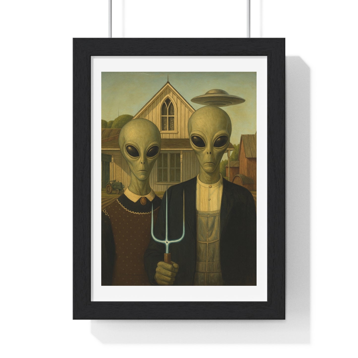 American Gothic Remixed, Midwestern American Aliens 'Designed by AI', Framed Art Print