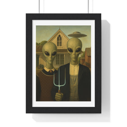 American Gothic Remixed, Midwestern American Aliens 'Designed by AI', Framed Art Print