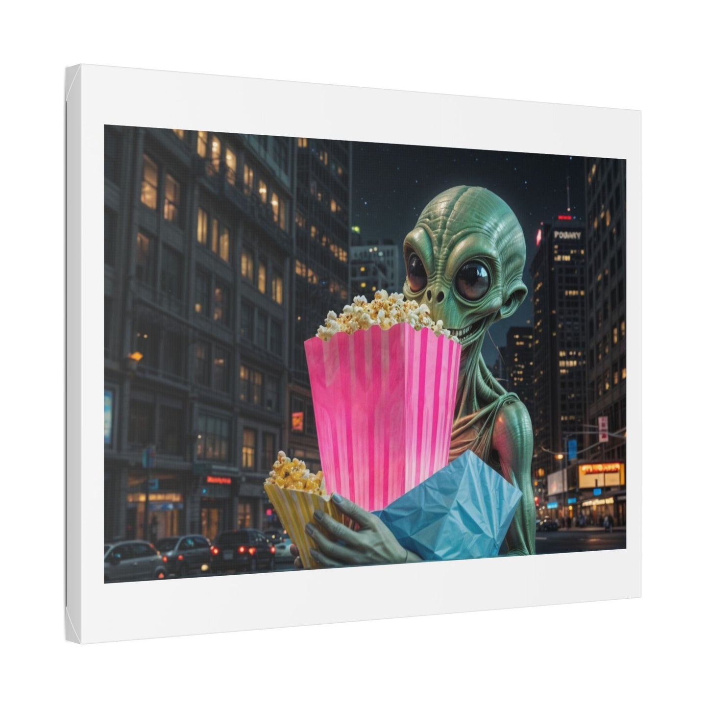 Alien Watching the Planet Earth Show 'Designed by AI' Satin Canvas Art Print