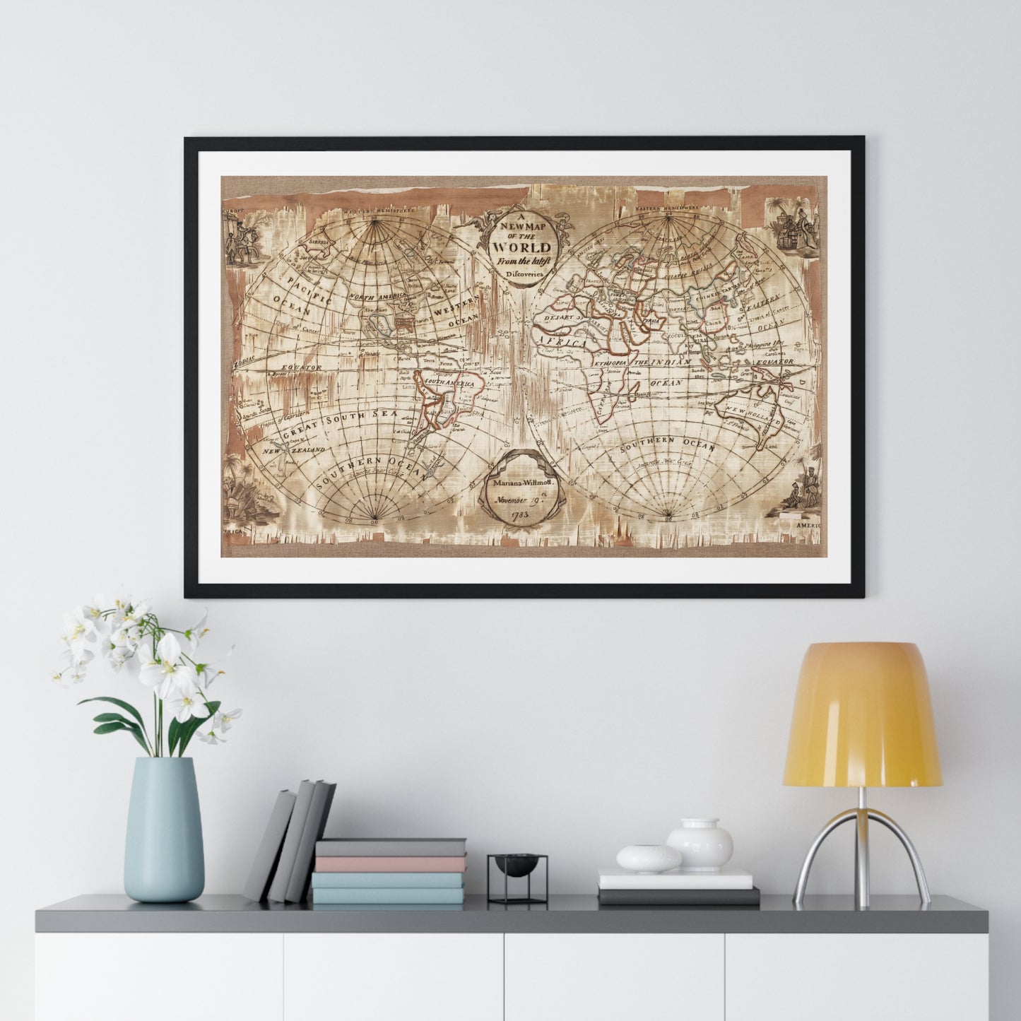 Embroidered World Map Sampler (1783) by Mariana Willmott, from the Original, Framed Art Print