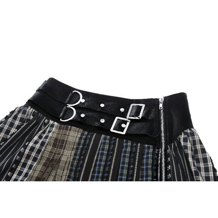 Dark in Love Sage Tartan Patchwork Leather-Waist Pleated Mini Skirt