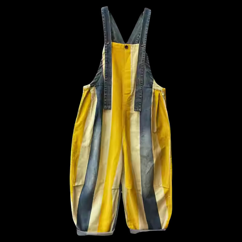 Vintage Stripe Suspender Pants, Women's Loose Cotton Denim Jumpsuit