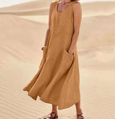 Summer Sleeveless Long Smock Dress with Pockets, Plus Sizes