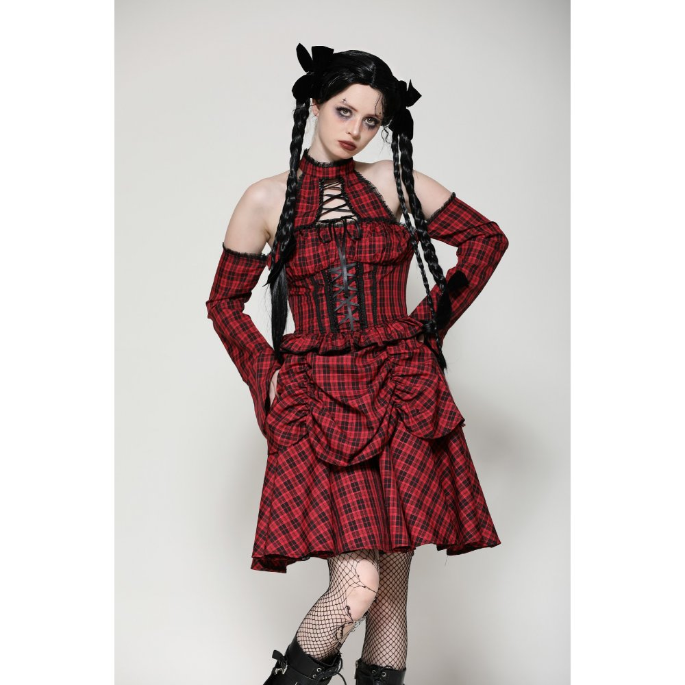Dark in Love Rosalind Black and Red Tartan Cold Shoulder Halter Neck Dress