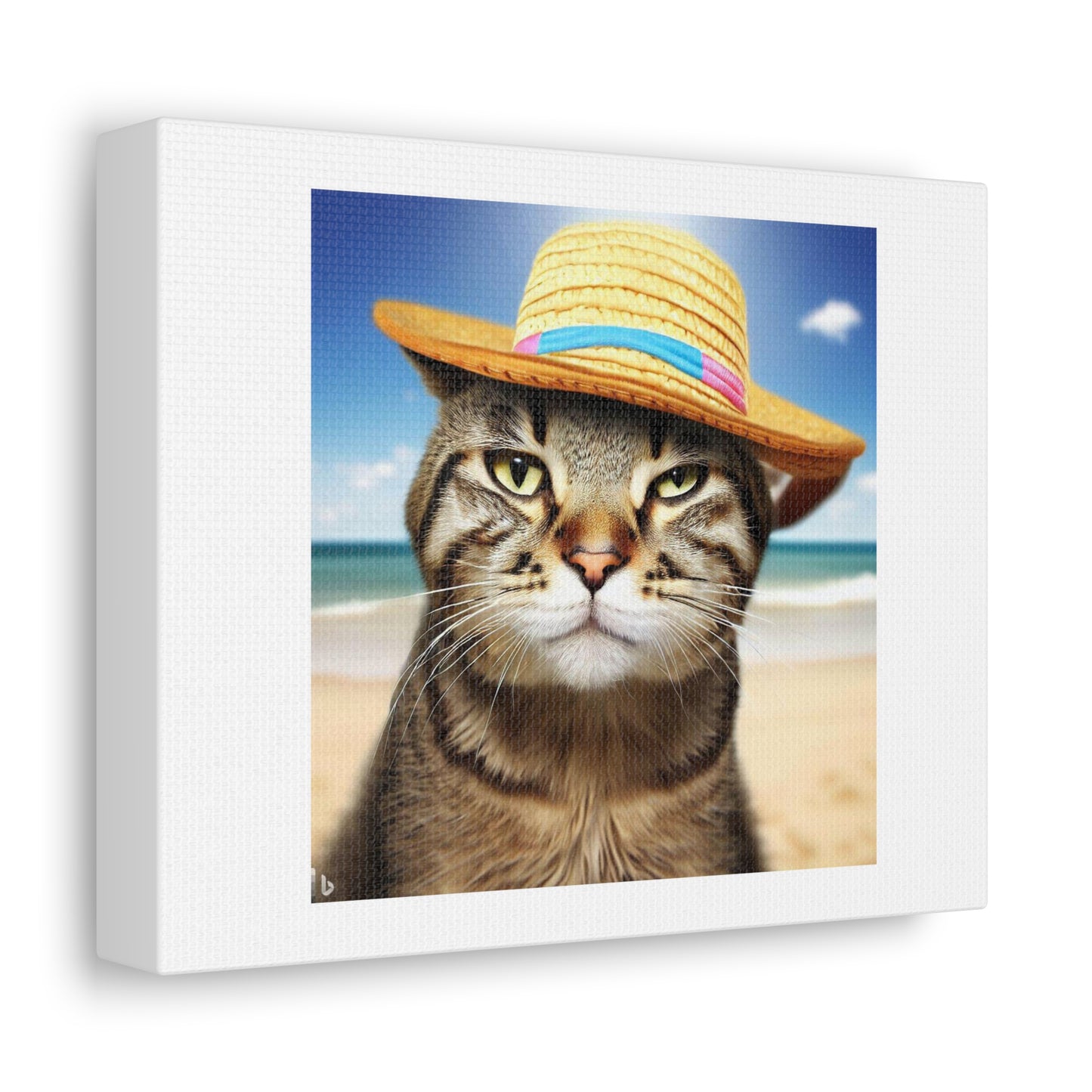 Tabby Cat Getting a Sun Tan, Beach, Funny Hat digital art 'Designed by AI' on Canvas