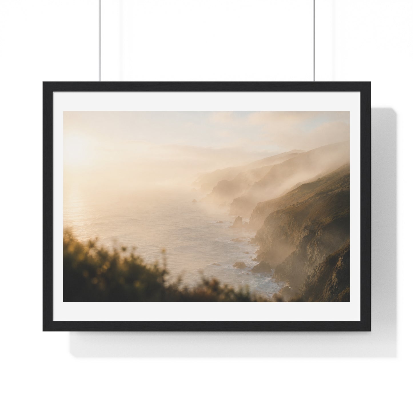 Golden Hour Coastal Mist and Cliffs, Landscape Art Framed Print