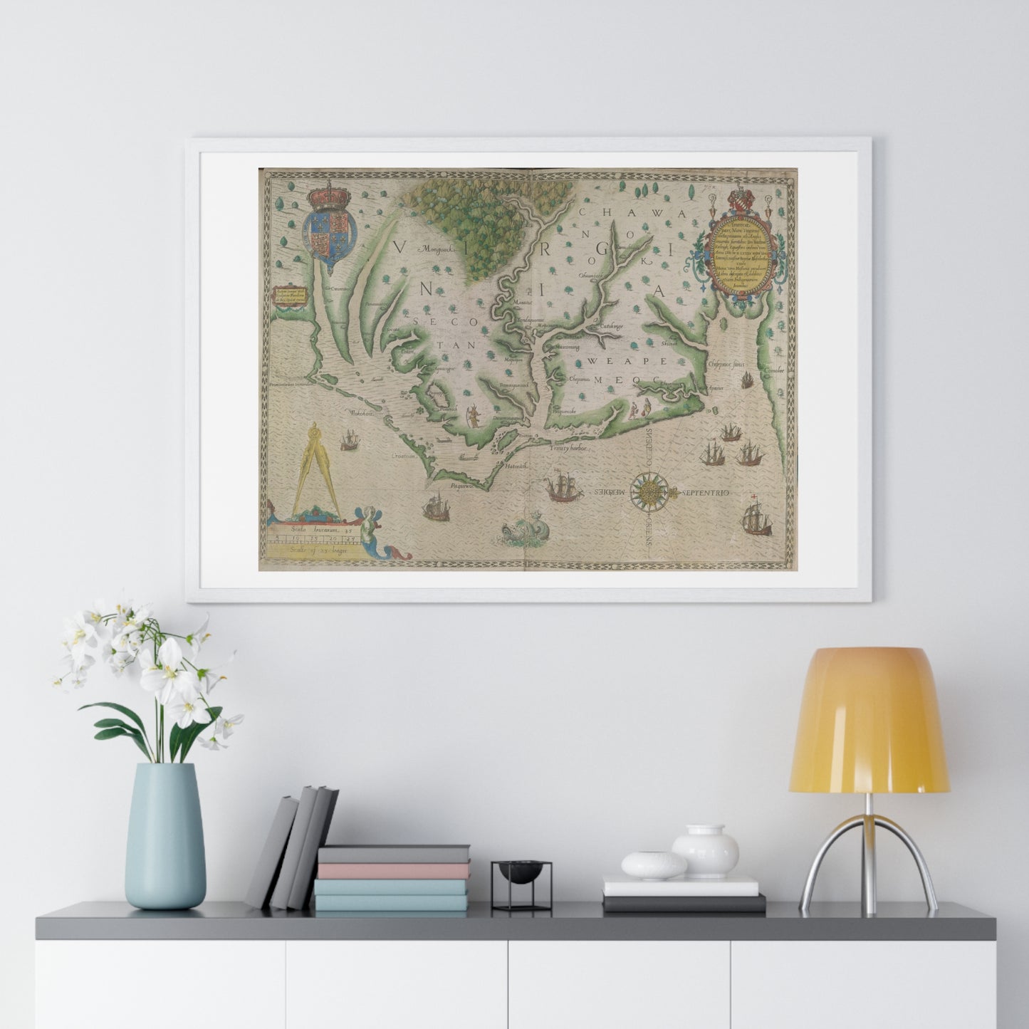 Engraved Map of Virginia (1618) Showing the Arrival of Sir Walter Raleigh's Expedition, from the Original, Framed Print