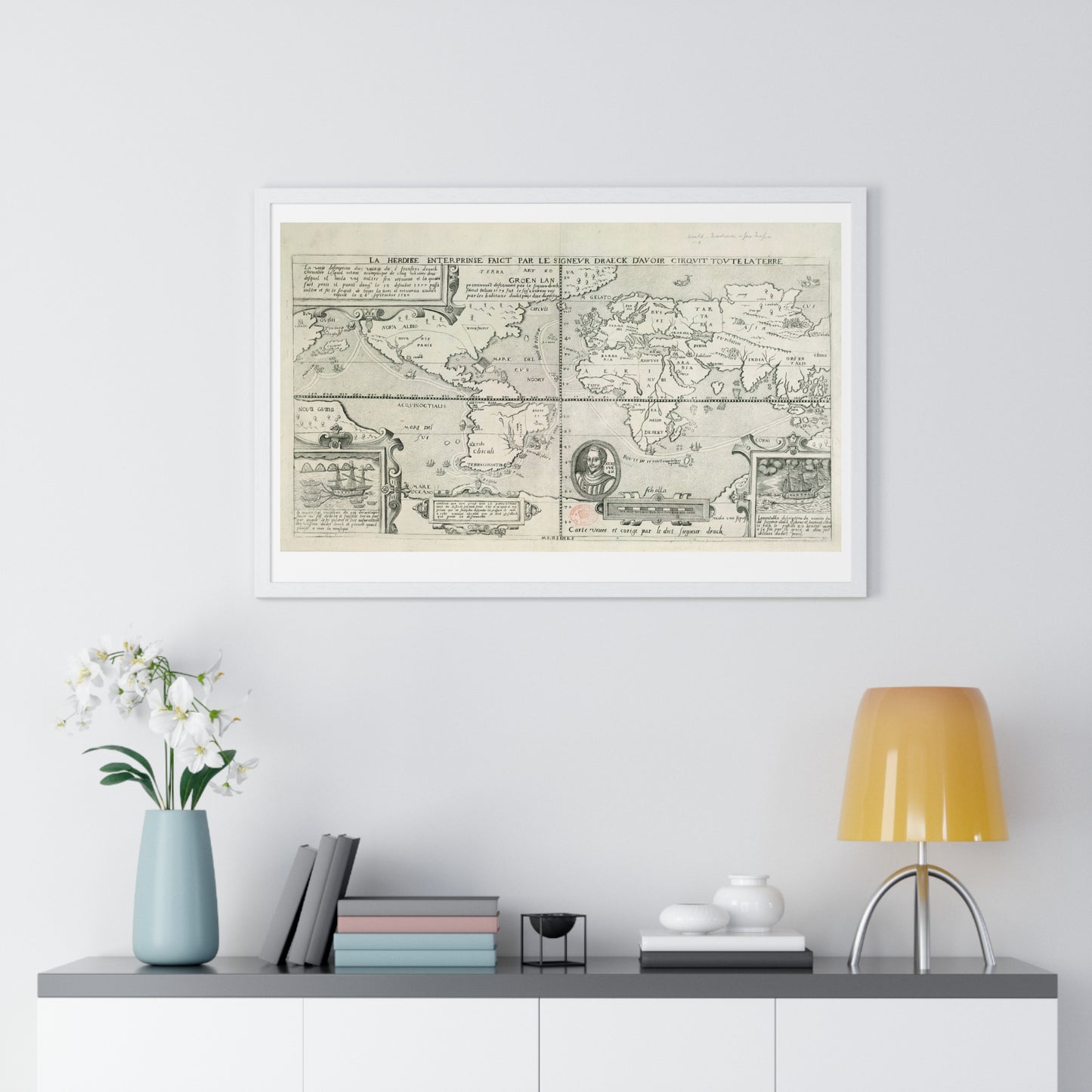 Francis Drake's World Voyage, Tudor Antique Map (circa 1581) from the Original, Framed Print