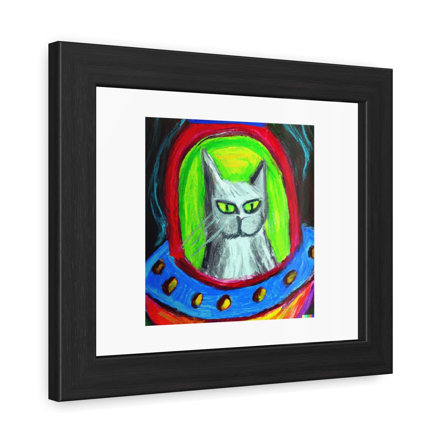 Annoyed Cat In A Spaceship Oil Pastel 'Designed by AI' Wooden Framed Print