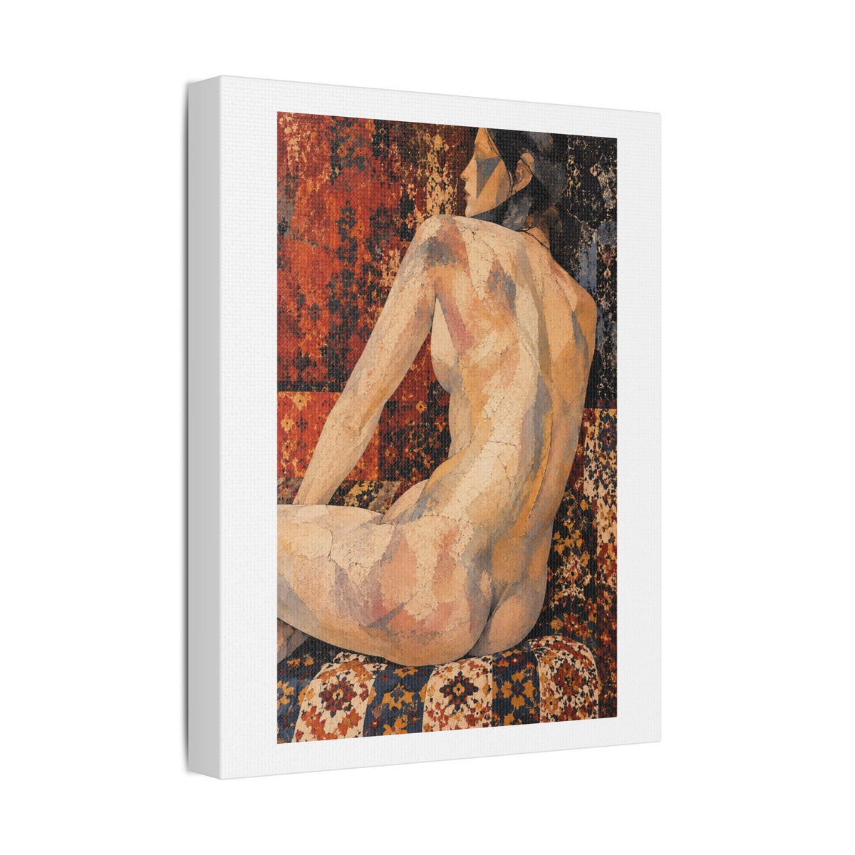 Abstract Mosaic Nude on Ornate Tapestry, Art Print on Satin Canvas, Stretched