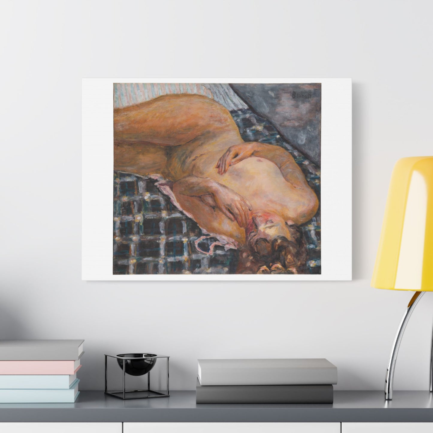 Reclining Nude Against a White and Blue Plaid (circa 1909) by Pierre Bonnard, Art Print on Canvas