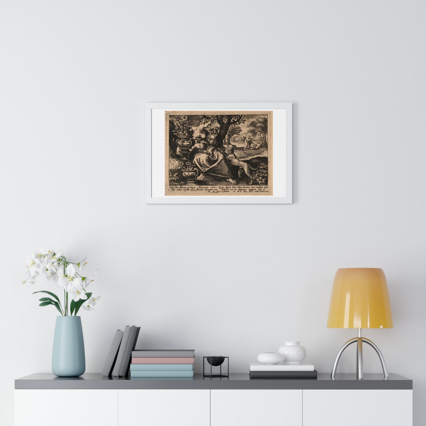 Woman in a Garden with Flowers, God Blows Spirit into Adam's Body, Reproduction Flemish Engraving, Framed Art Print