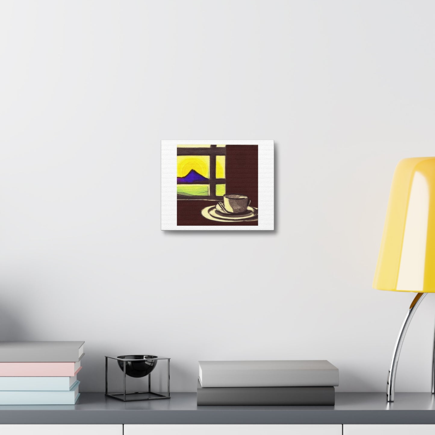 Modernist Sketch of a Coffee Mug On Table Beside a Window Art Print 'Designed by AI' on Satin Canvas