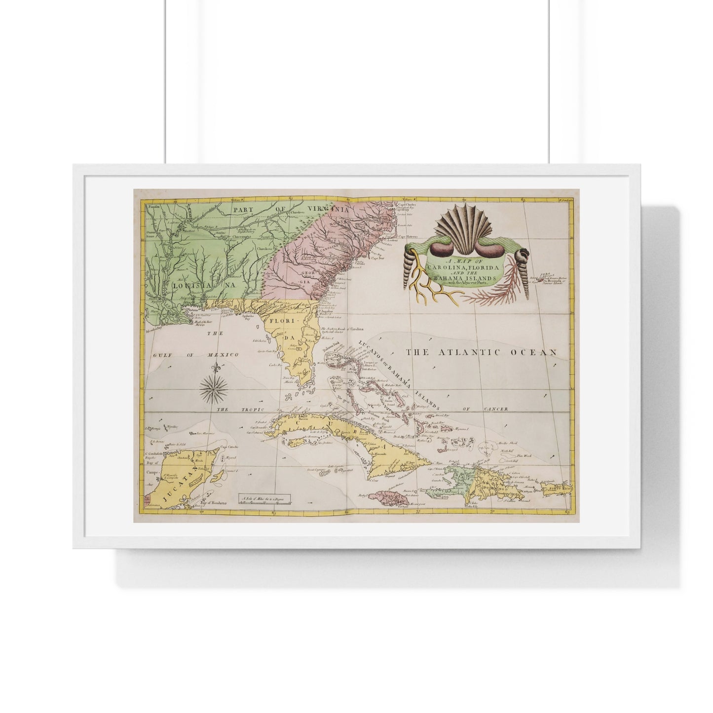 Map of Carolina, Florida and the Bahama Islands with Adjacent Parts from the Natural History of Carolina, Florida, and the Bahama Islands (1754) from the Original, Framed Art Print