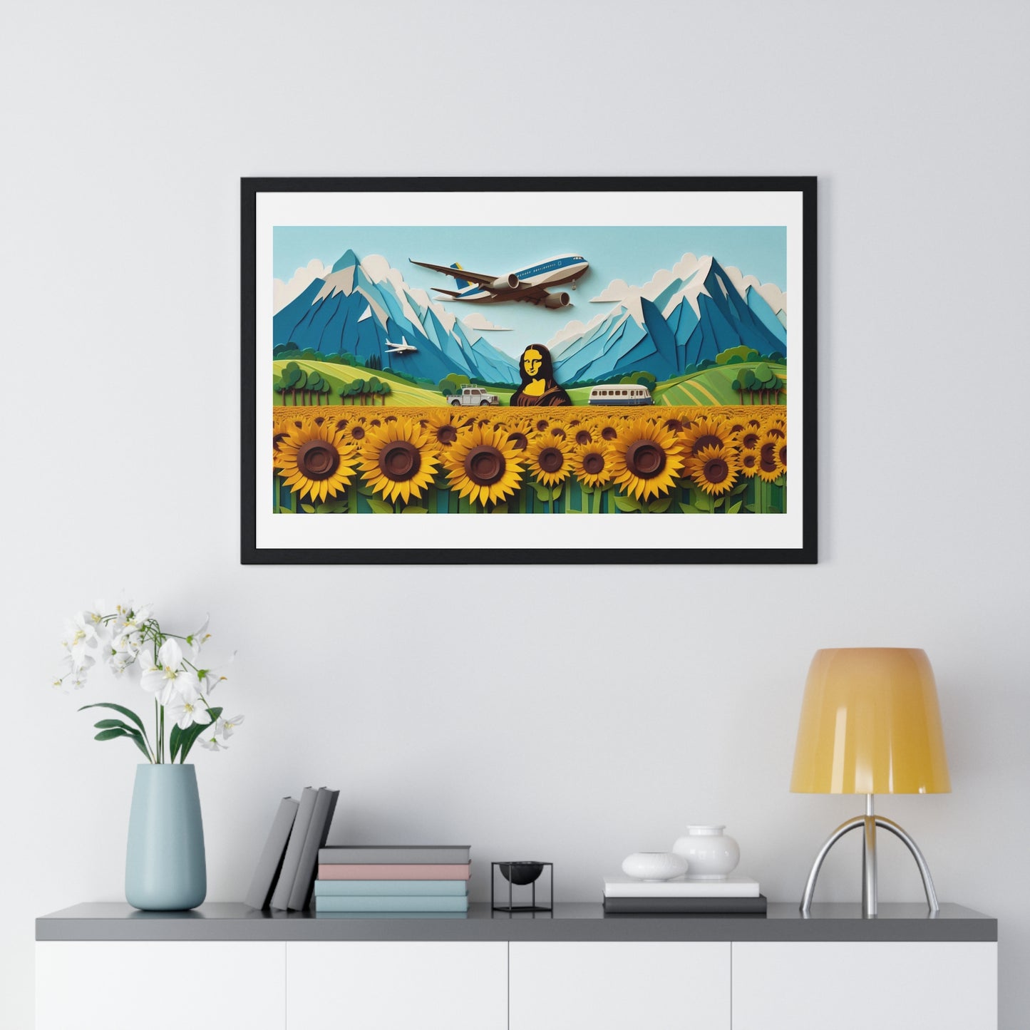 Mona Lisa in a Sunflower Meadow, Abstract Art 'Designed by AI' Framed Print