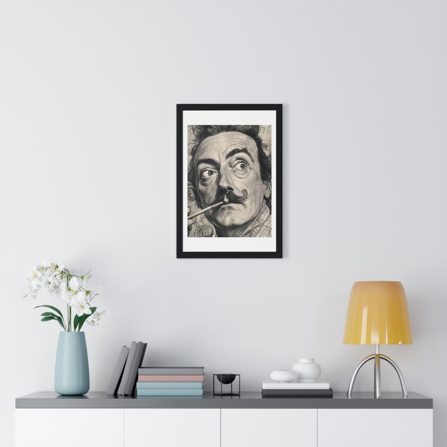 Salvador Dali Portrait, Pencil Sketch 'Designed by AI' Framed Art Print