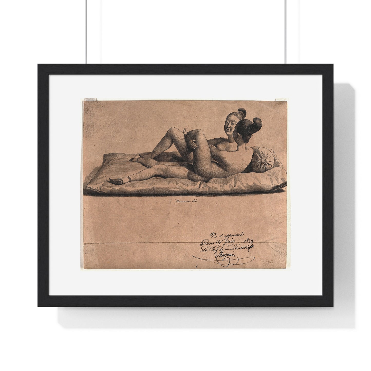Two Chinese Girls with Bound Feet are Making Love on a Mattress (1829) Lithograph by Jean-Baptiste Mauzaisse, Framed Print