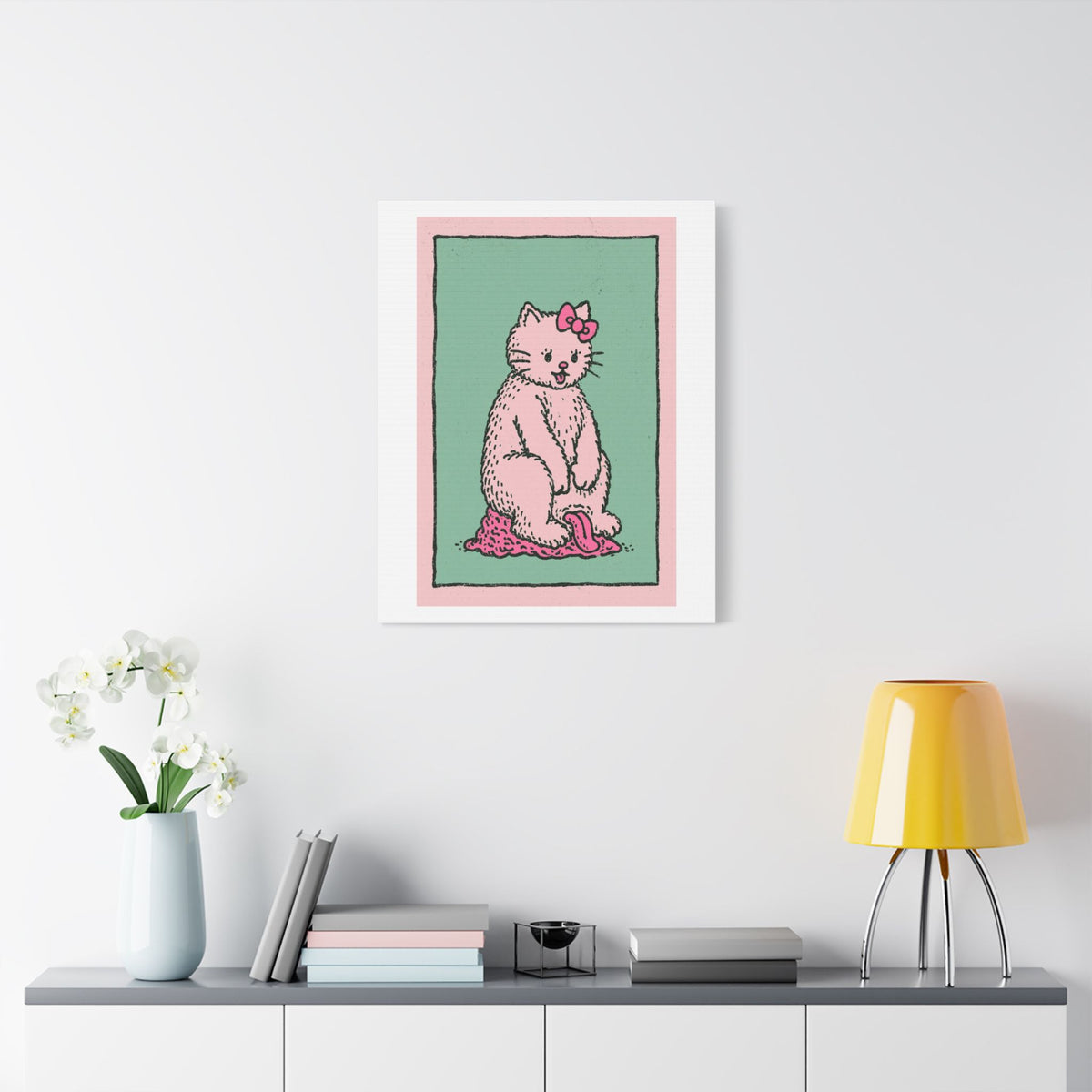 Cute Pink Cat Stretched Canvas Wall Art