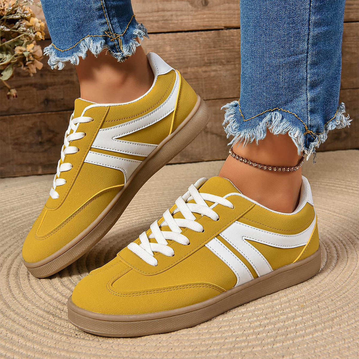 Lace-Up Round Toe Sneakers, Fashion Sports Slip-On Casual Flats