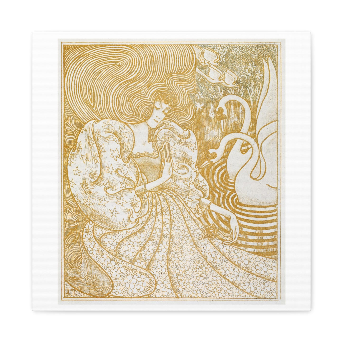 Woman with a Butterfly at a Pond with Two Swans (1894) by Jan Toorop, from the Original, Print on Canvas