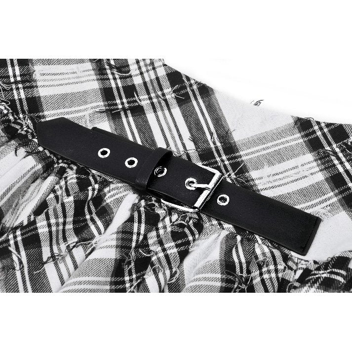 Dark in Love Quinn Punk Black and White Checkered Asymmetrical Messy Net Skirt